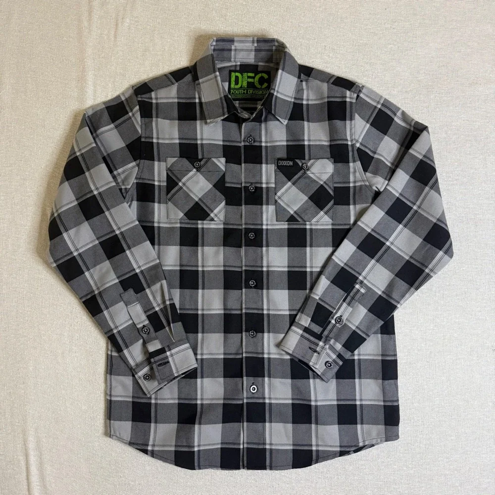 Dixxon Flannel Co DFC Youth Division Shirt Kids XL Grey Black Plaid Button Up